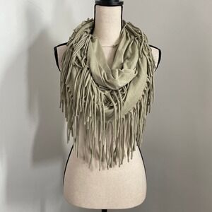 Olive Green Fringe Infinity Circle Scarf Boho Chic Neck Warmer Soft Cozy Knit